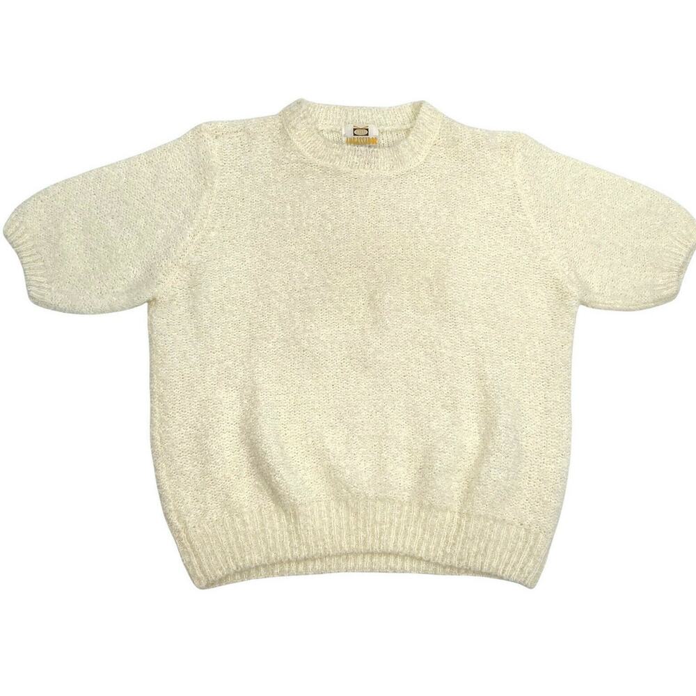 VTG 80s Sweater XL Cream Short Sleeve Knit Minimalist Crew Cottagecore Acrylic